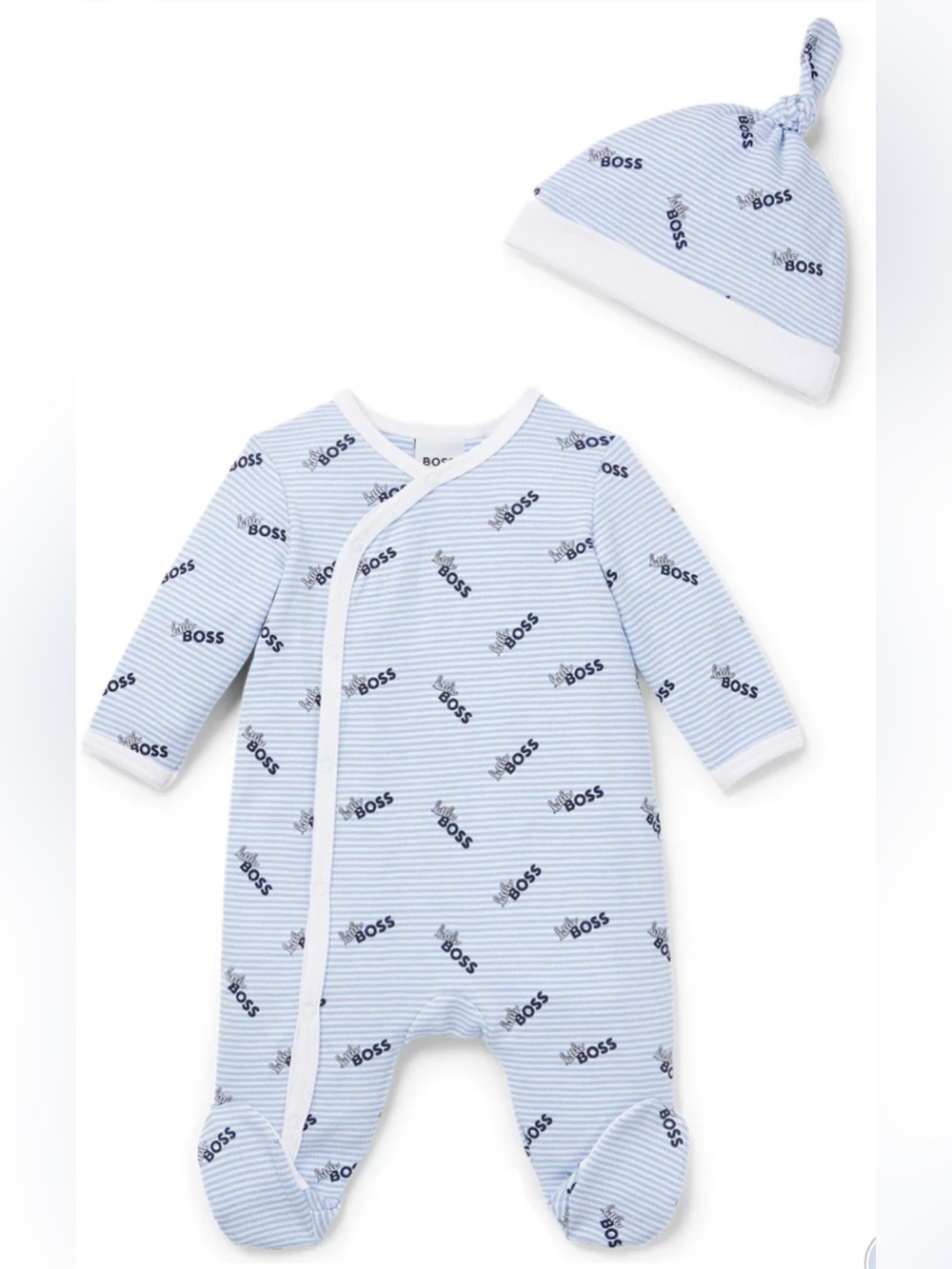 Boss Light Blue Striped Logo Footed Sleep Sack with Hat